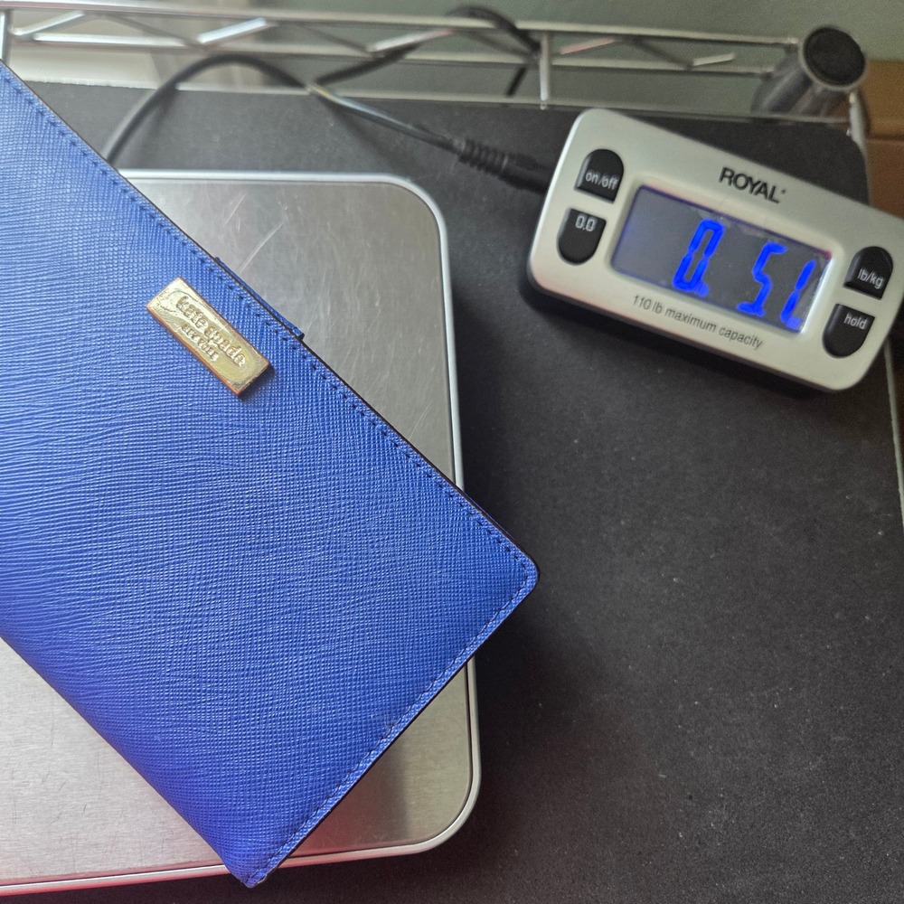 Kate Spade Wallet Bifold Slim Womens Blue Saffiano Leather Gold Logo Zip Pocket - Picture 11 of 11